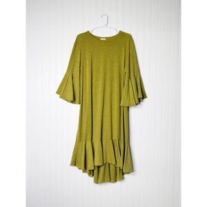 LuLaRoe Maurine Swing Dress Women's Large Green High Low Ruffle Hem Bell Sleeve